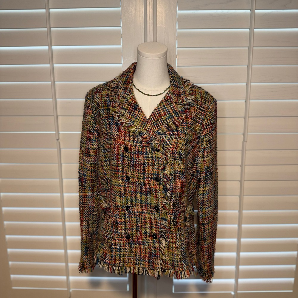 Oscar de la Renta Multi Color Tweed Fringe Double Breasted Blazer Jacket 16
